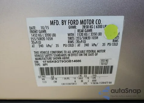 2016 Ford Explorer Sport из США, поврежденный, VIN 1FM5K8GT9GGB14686